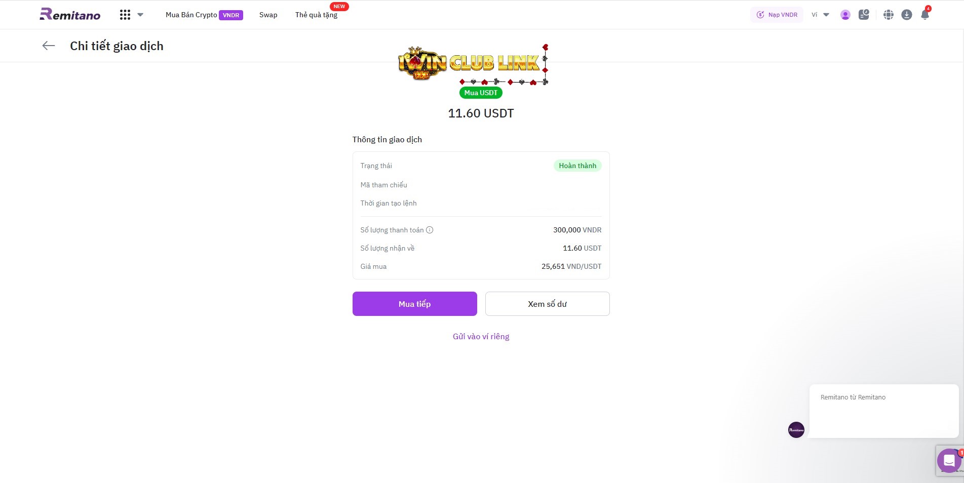 Màn hình thông báo mua USDT thành công trên Remitano